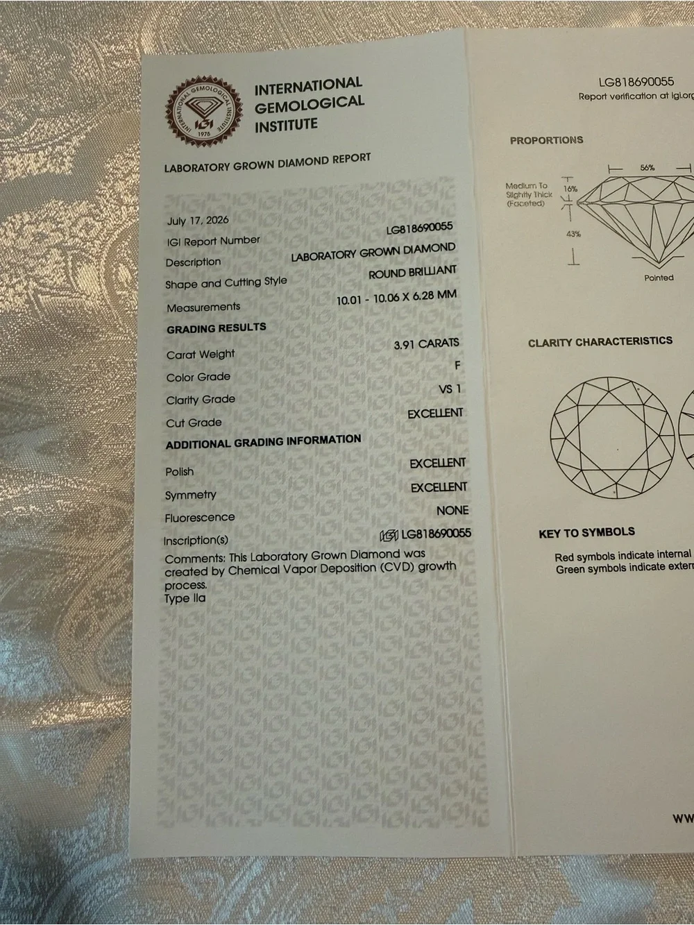 IGI 3.91ct  Round Cut F VS1 Lab Grown Set In A Semi-Mount Natural DIAMOND 14K WG